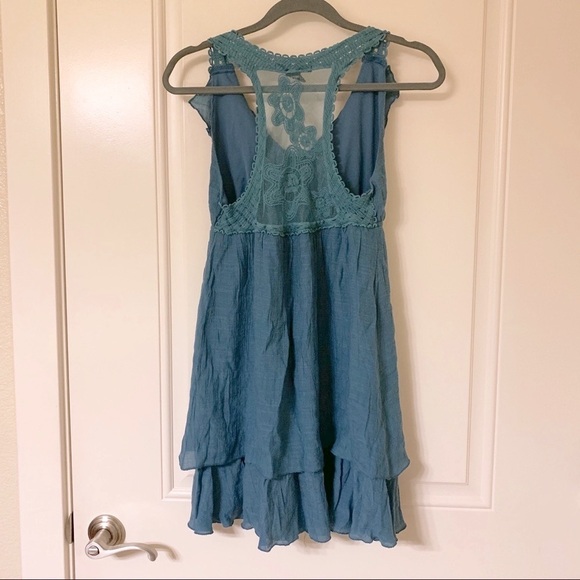 Teal Mesh Lace Back Gauzy Ruffle V-Neck Dress - Picture 2 of 3